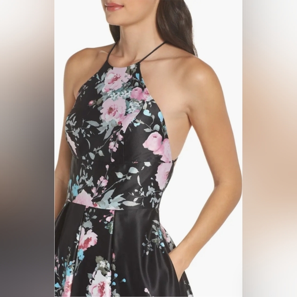 Blondie Nites Black Multi Floral Halter-Neck Prom Ball Gown Dress Junior's 11 - Picture 3 of 12